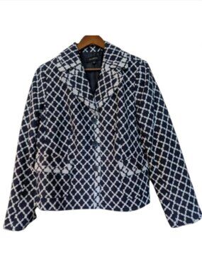 Talbots Navy White Diamond Print Blazer Cotton Career Jacket Preppy Chic
